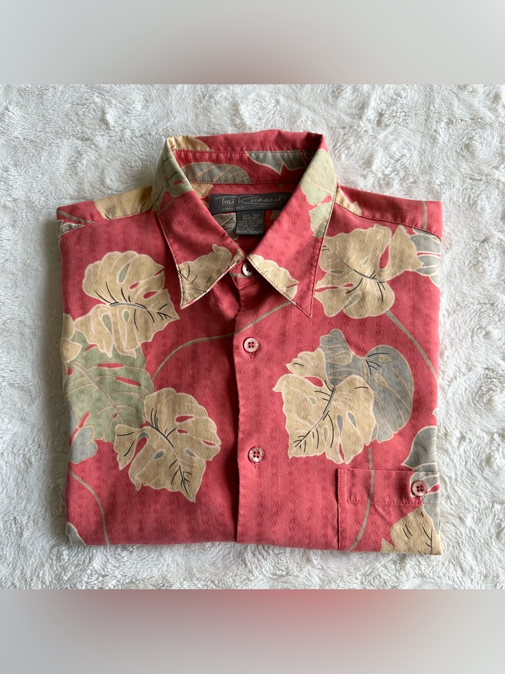 Vintage Tori Richard Hawaiian Shirt Mens Large Pink Silk Leaf Tropical AOP Beach